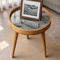 Handmade Mango Wood Side Table | Black White Abstract Print Round Accent