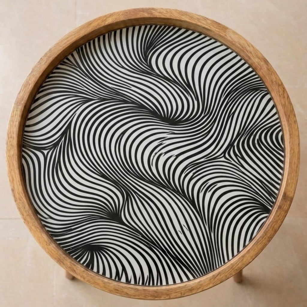 Handmade Mango Wood Side Table | Black White Abstract Print Round Accent