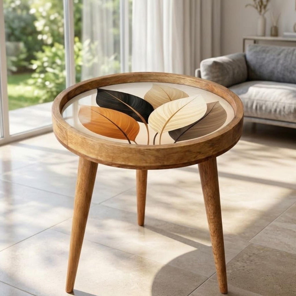 Handmade Mango Wood Side Table | Leaf Print Round Accent Boho Decor