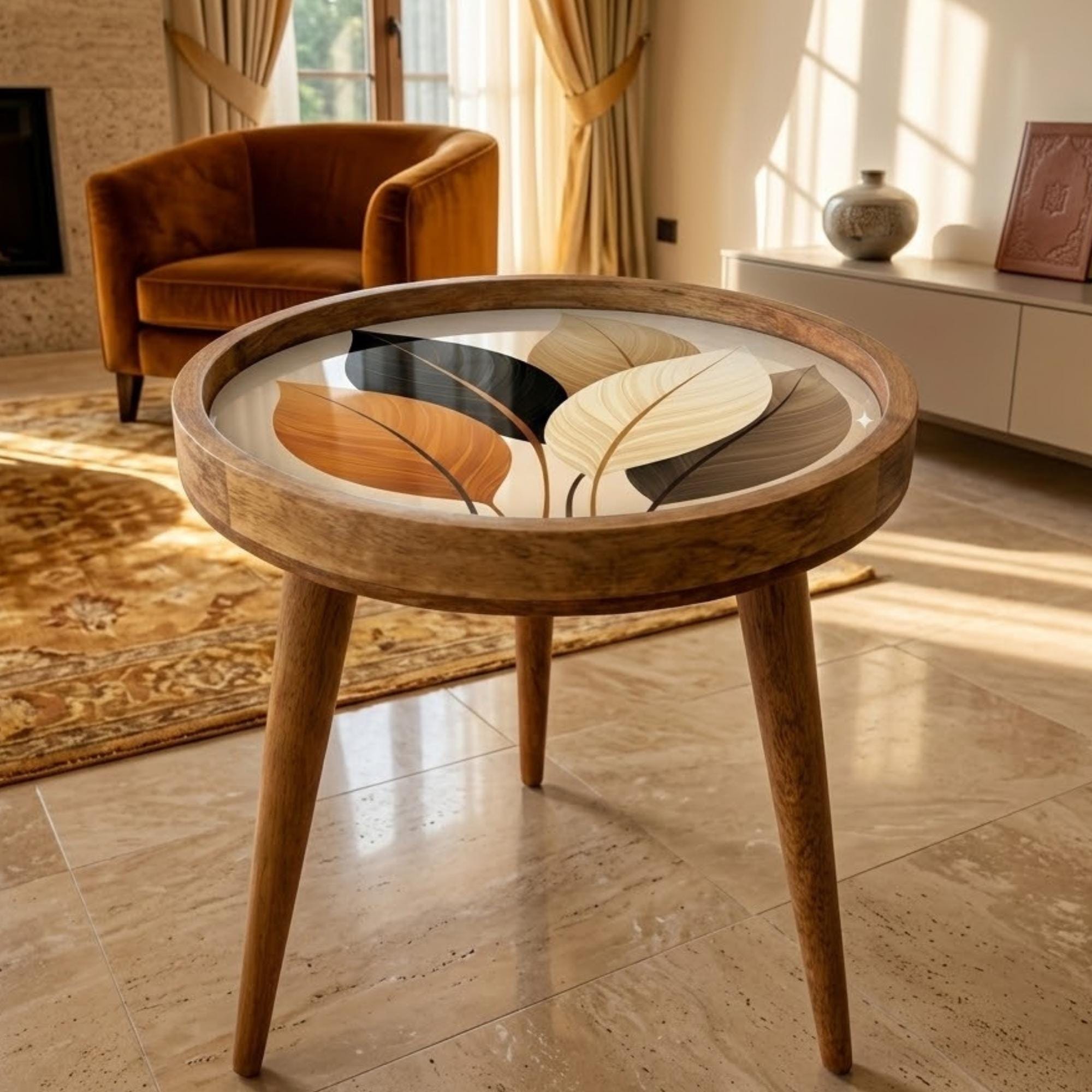 Handmade Mango Wood Side Table | Leaf Print Round Accent Boho Decor