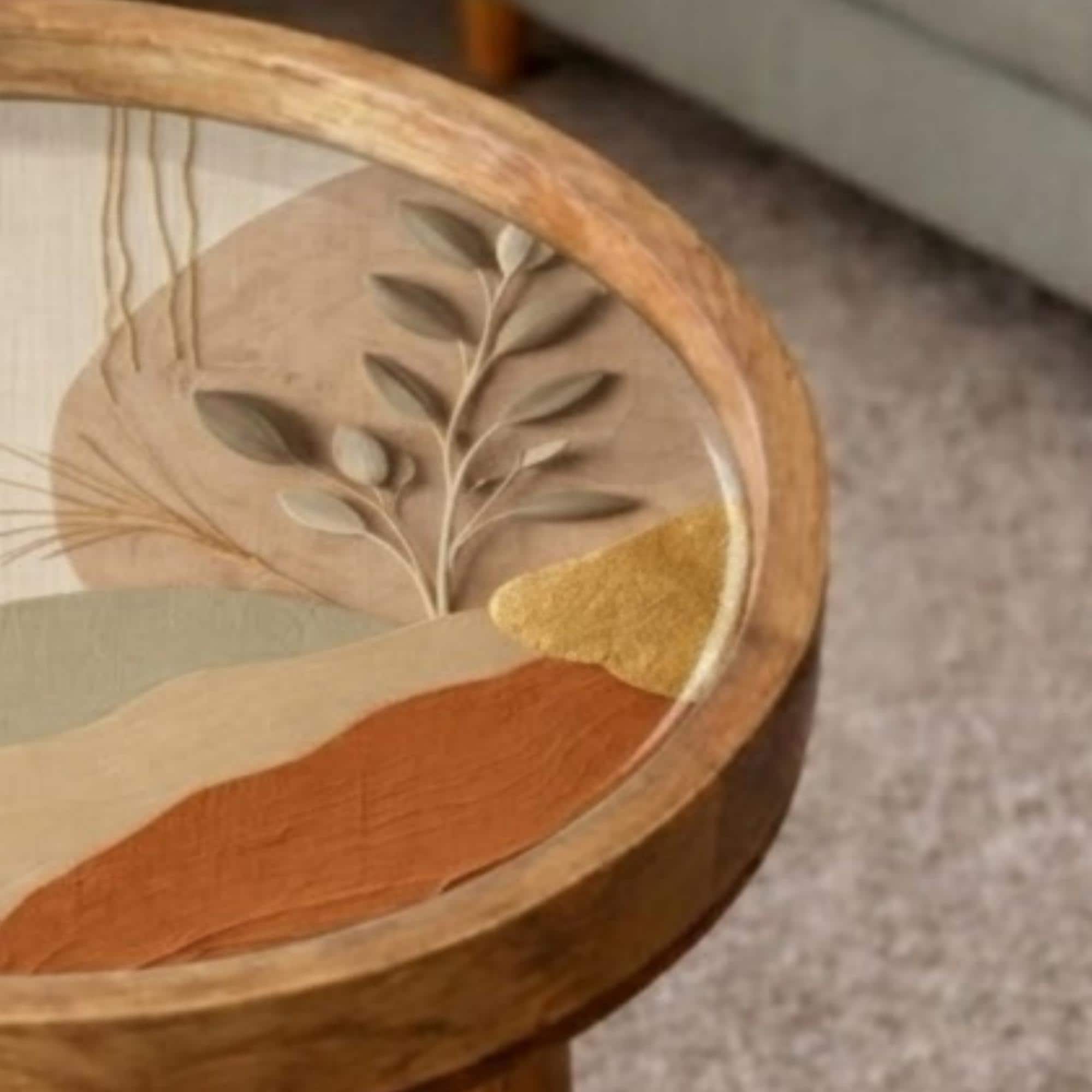Handmade Mango Wood Side Table | Abstract Botanical Print, Round Accent Furniture