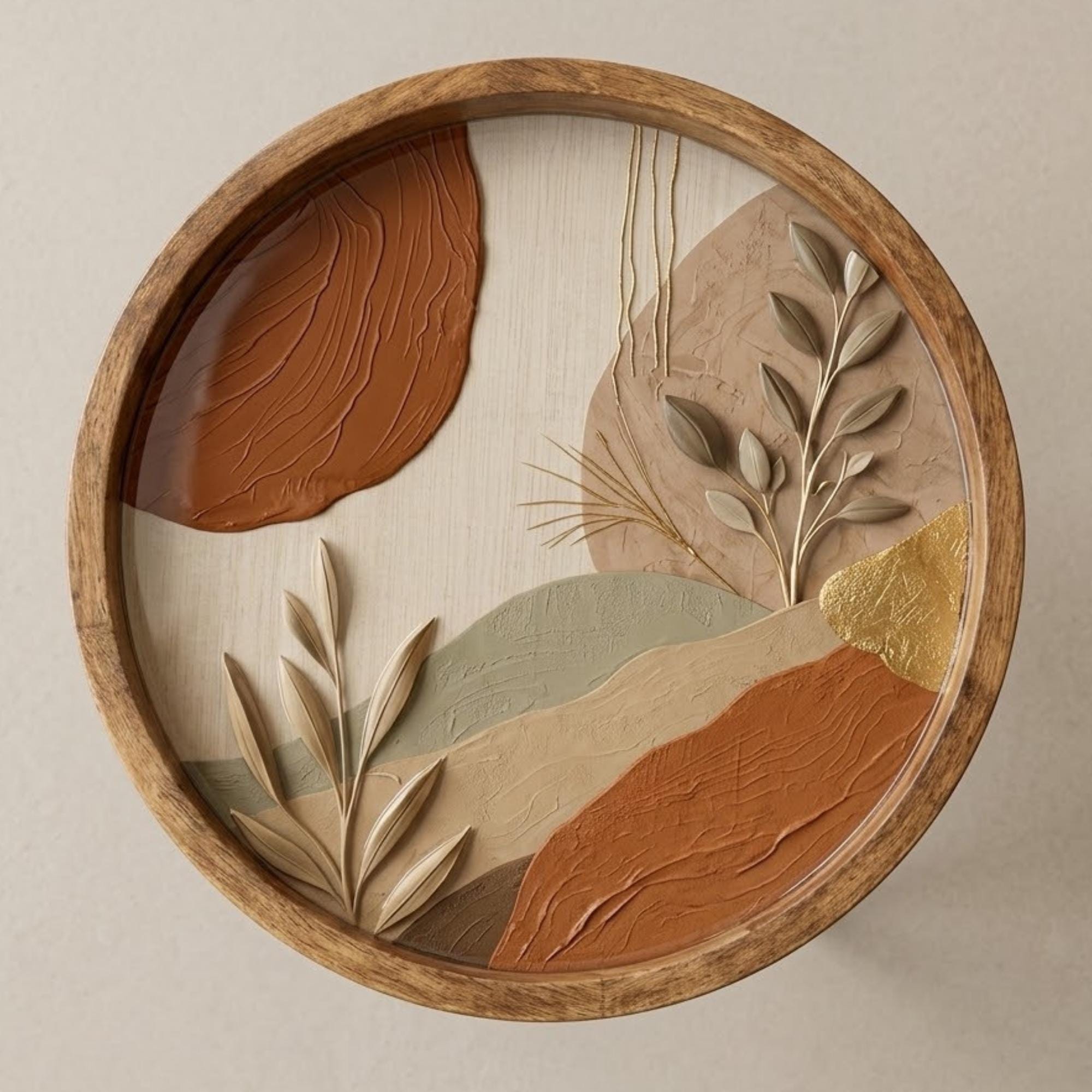 Handmade Mango Wood Side Table | Abstract Botanical Print, Round Accent Furniture