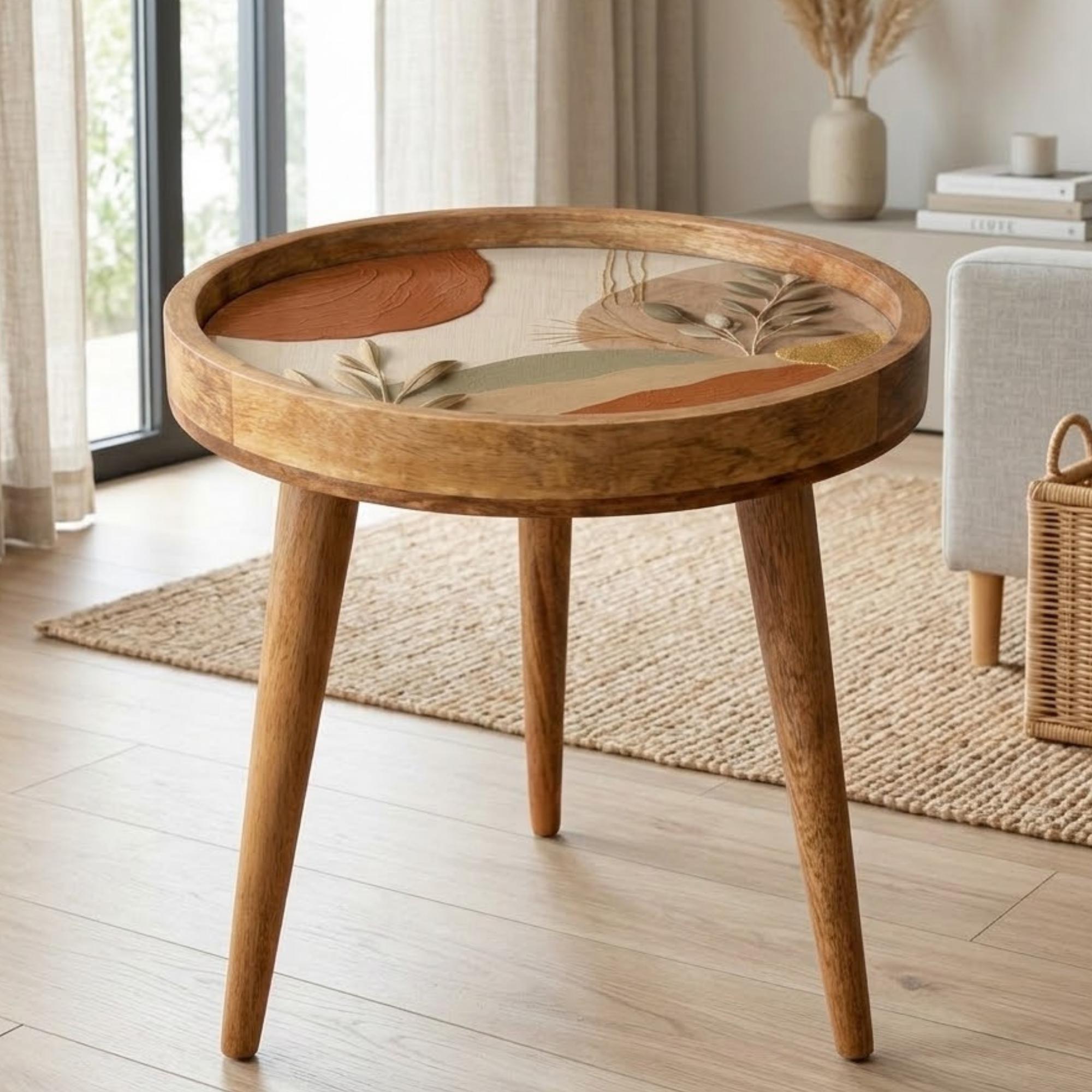 Handmade Mango Wood Side Table | Abstract Botanical Print, Round Accent Furniture