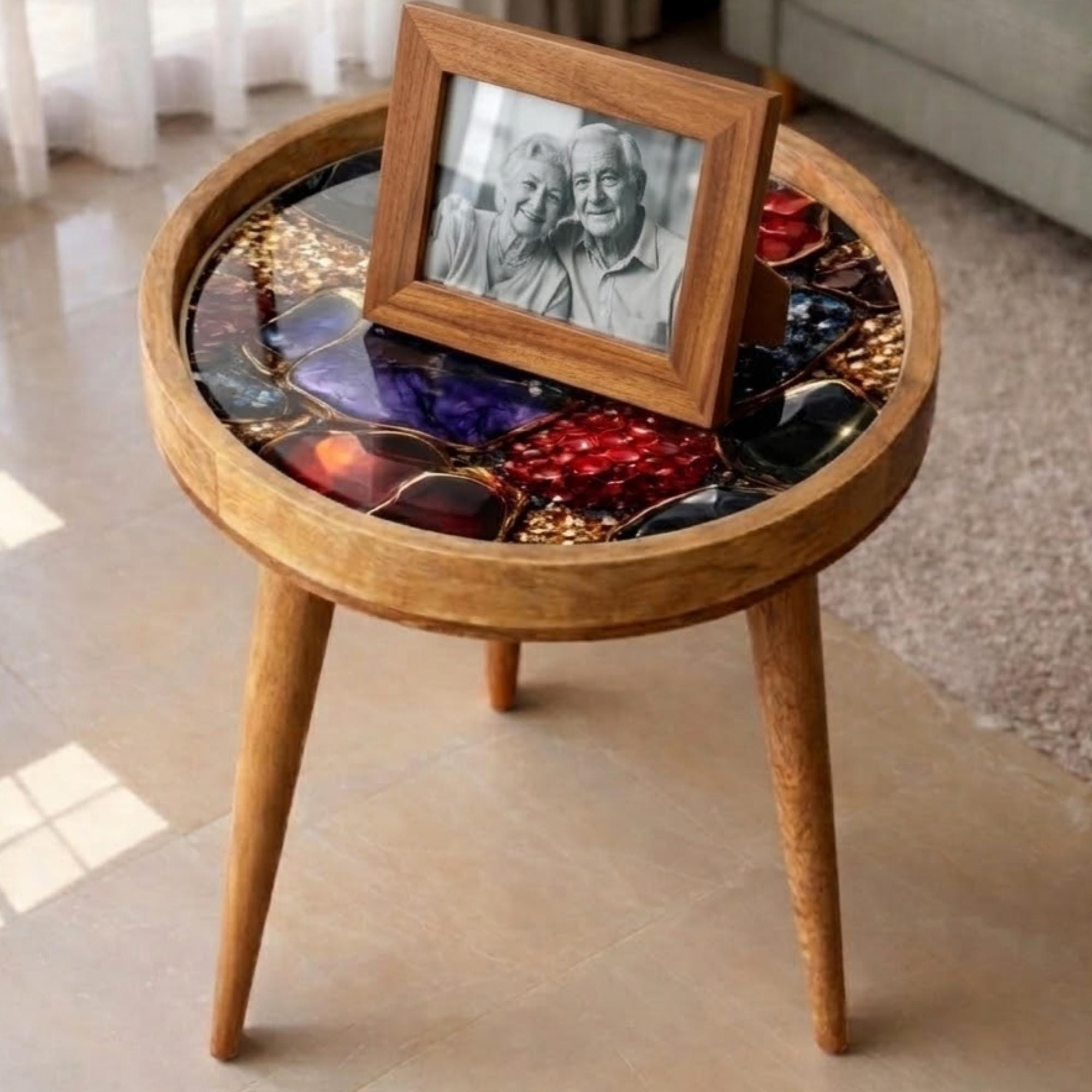 Handmade Mango Wood Side Table | Gemstone Print Round Accent Table | Modern Decor
