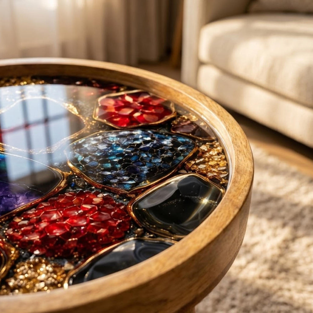 Handmade Mango Wood Side Table | Gemstone Print Round Accent Table | Modern Decor