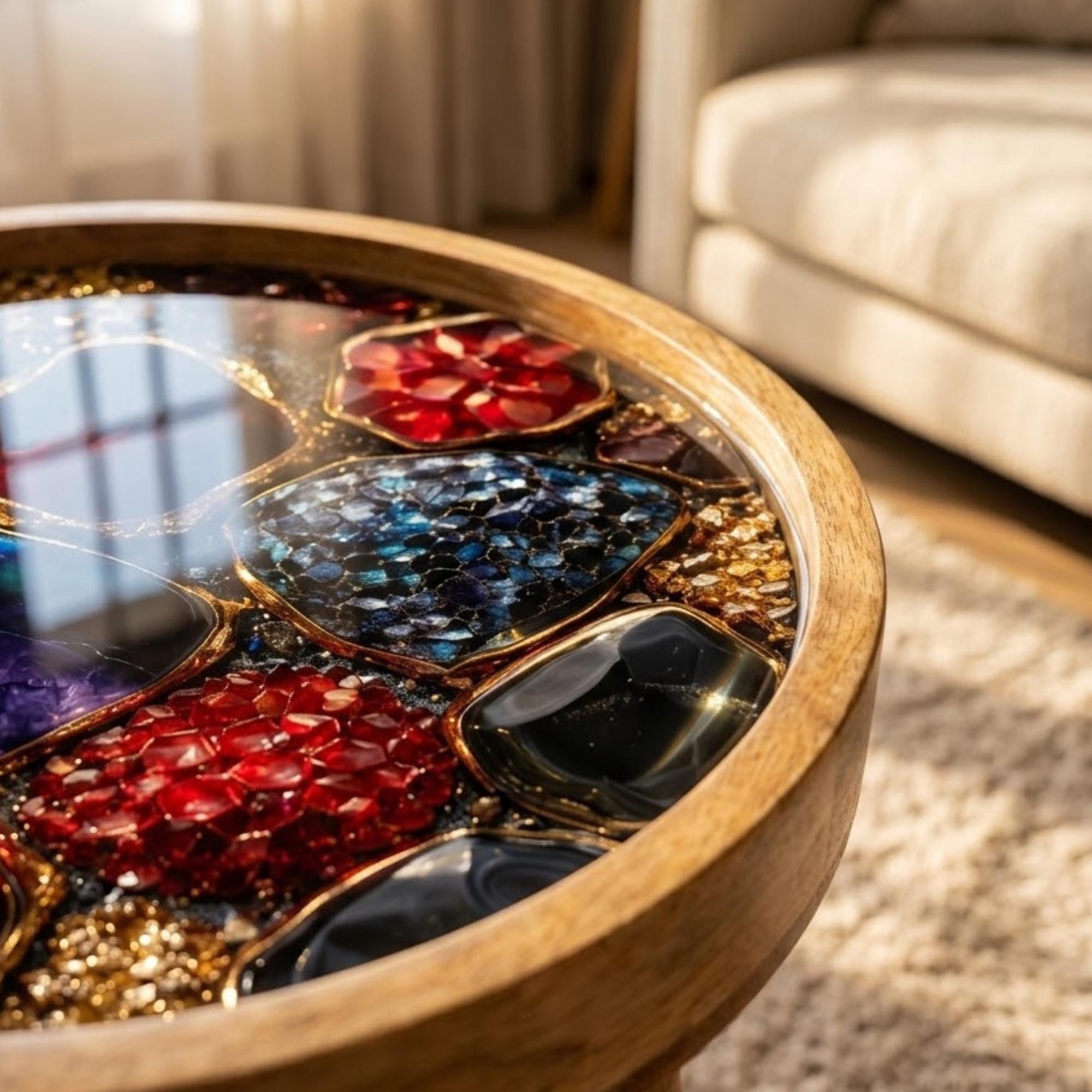 Handmade Mango Wood Side Table | Gemstone Print Round Accent Table | Modern Decor