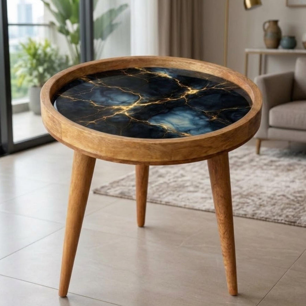 Handmade Mango Wood Side Table | Marble Effect Print, Round Accent Furniture