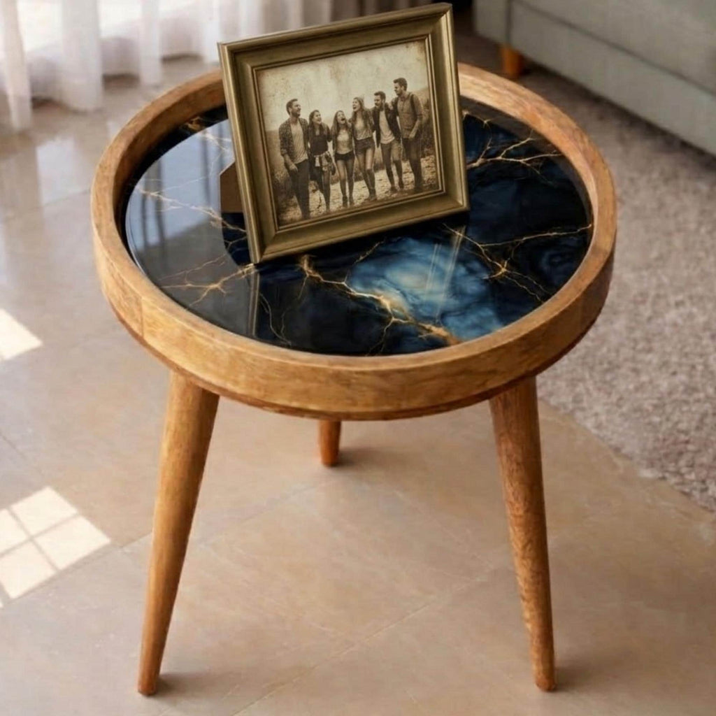 Handmade Mango Wood Side Table | Marble Effect Print, Round Accent Furniture