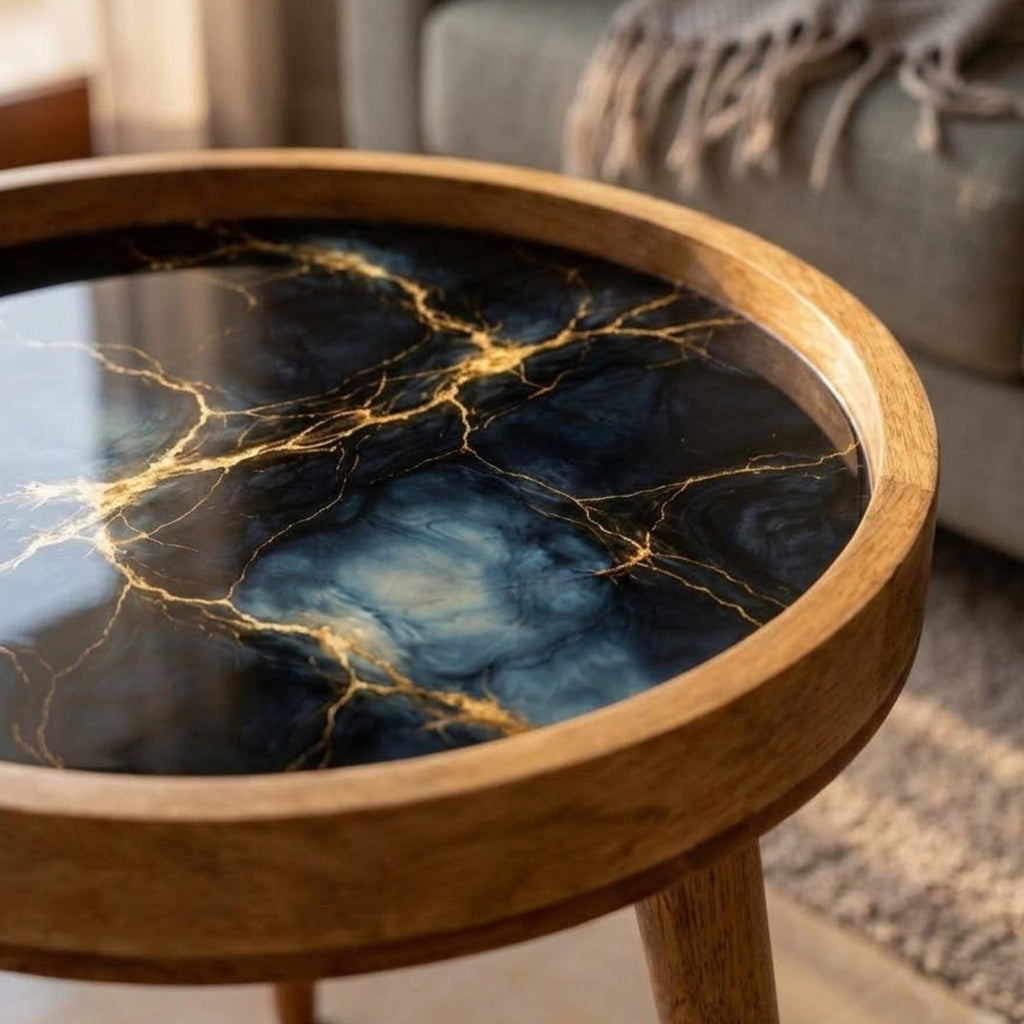 Handmade Mango Wood Side Table | Marble Effect Print, Round Accent Furniture