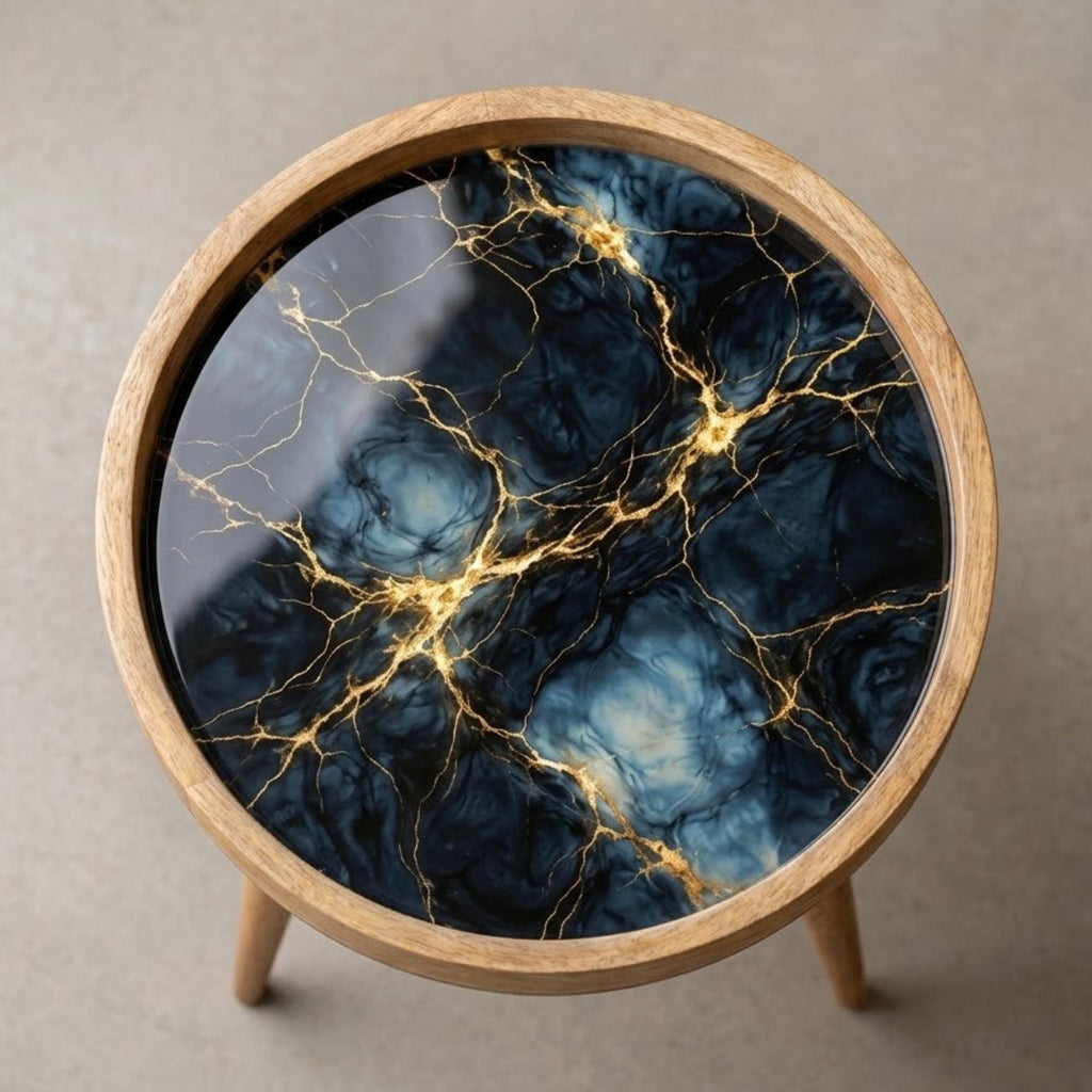 Handmade Mango Wood Side Table | Marble Effect Print, Round Accent Furniture
