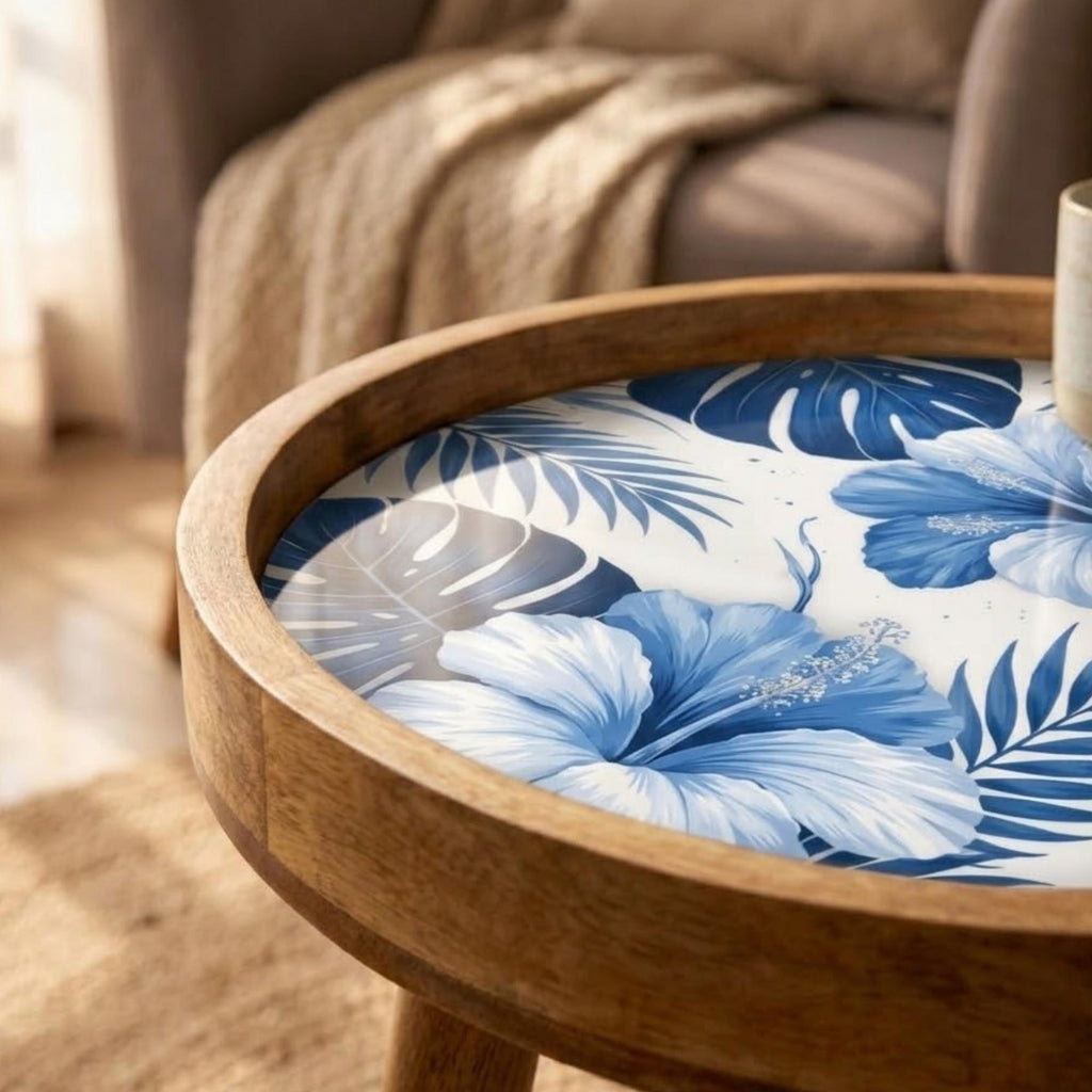 Handmade Mango Wood Side Table | Blue Tropical Floral Print, Round Accent
