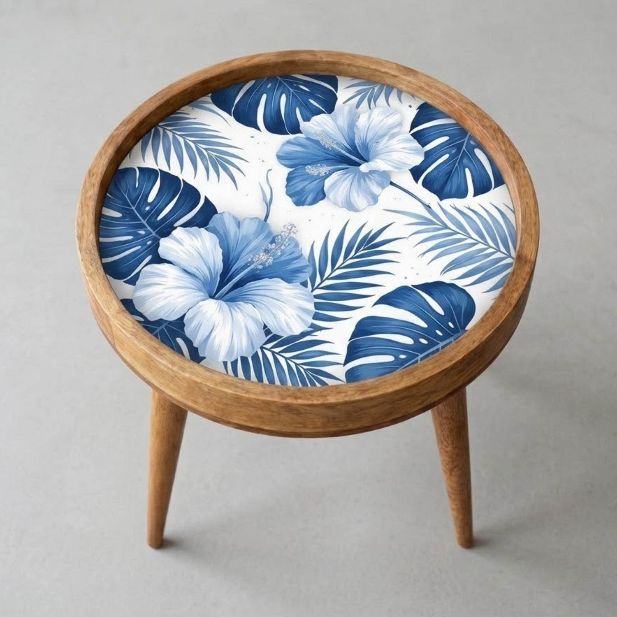 Handmade Mango Wood Side Table | Blue Tropical Floral Print, Round Accent