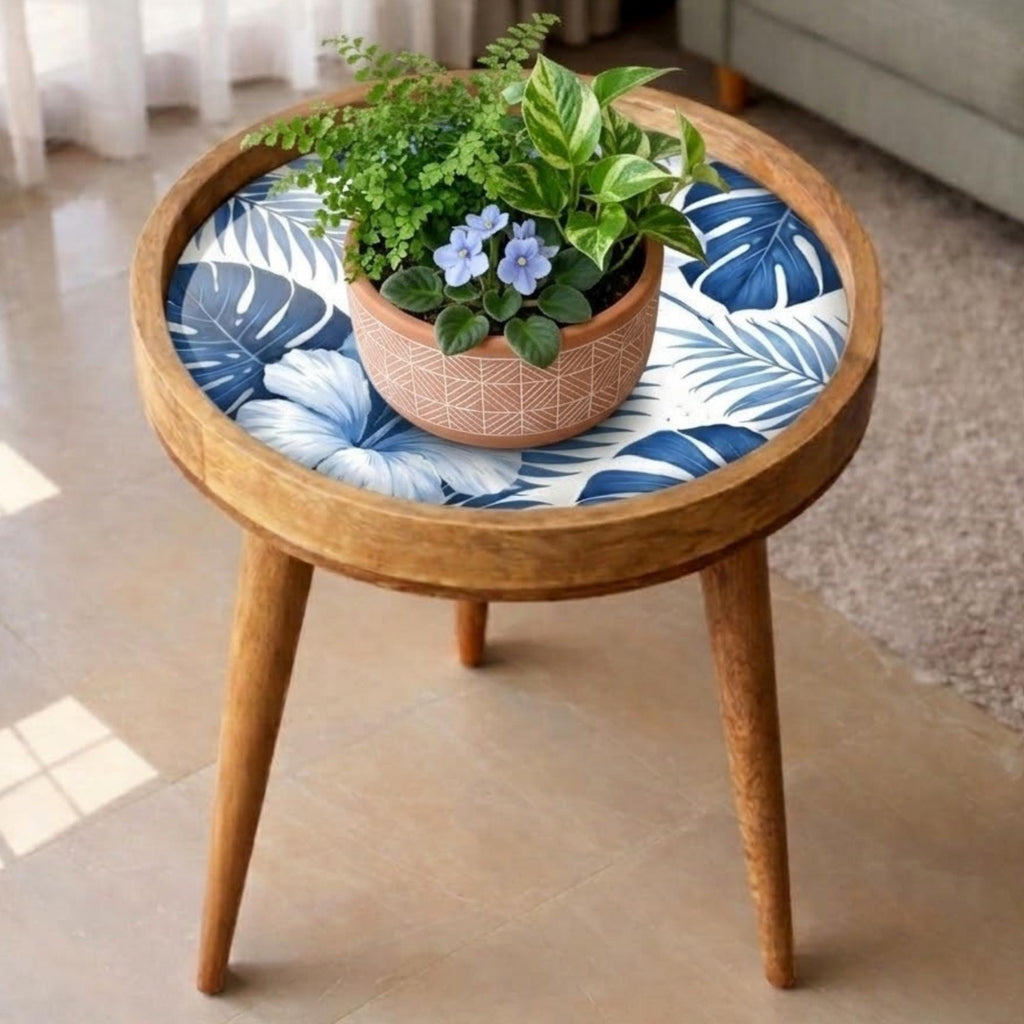 Handmade Mango Wood Side Table | Blue Tropical Floral Print, Round Accent