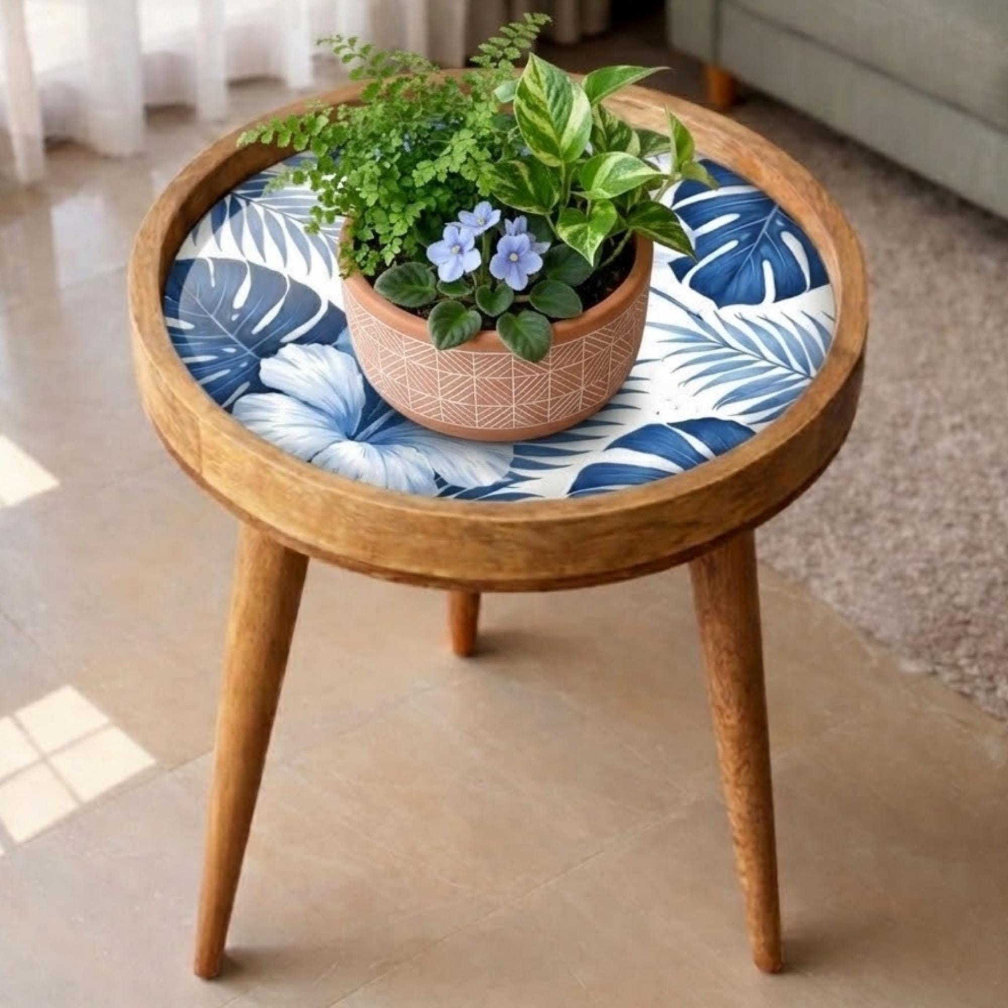 Handmade Mango Wood Side Table | Blue Tropical Floral Print, Round Accent