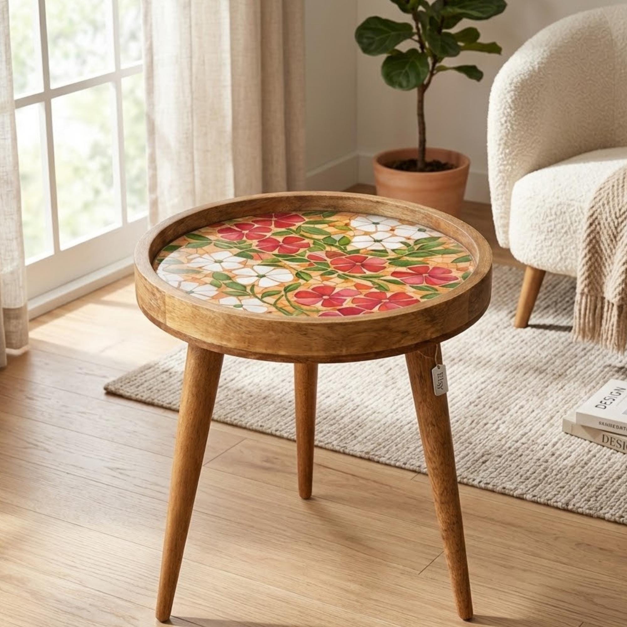 Round Floral Printed End Table | Handmade Mango Wood Side Table | Colorful Home Decor