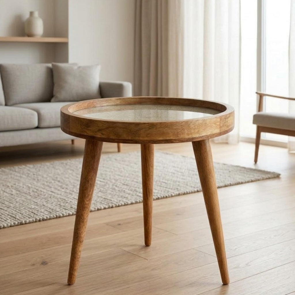 Neutral Floral Mango Wood End Table | Handmade Round Side Table | Elegant Accent Furniture