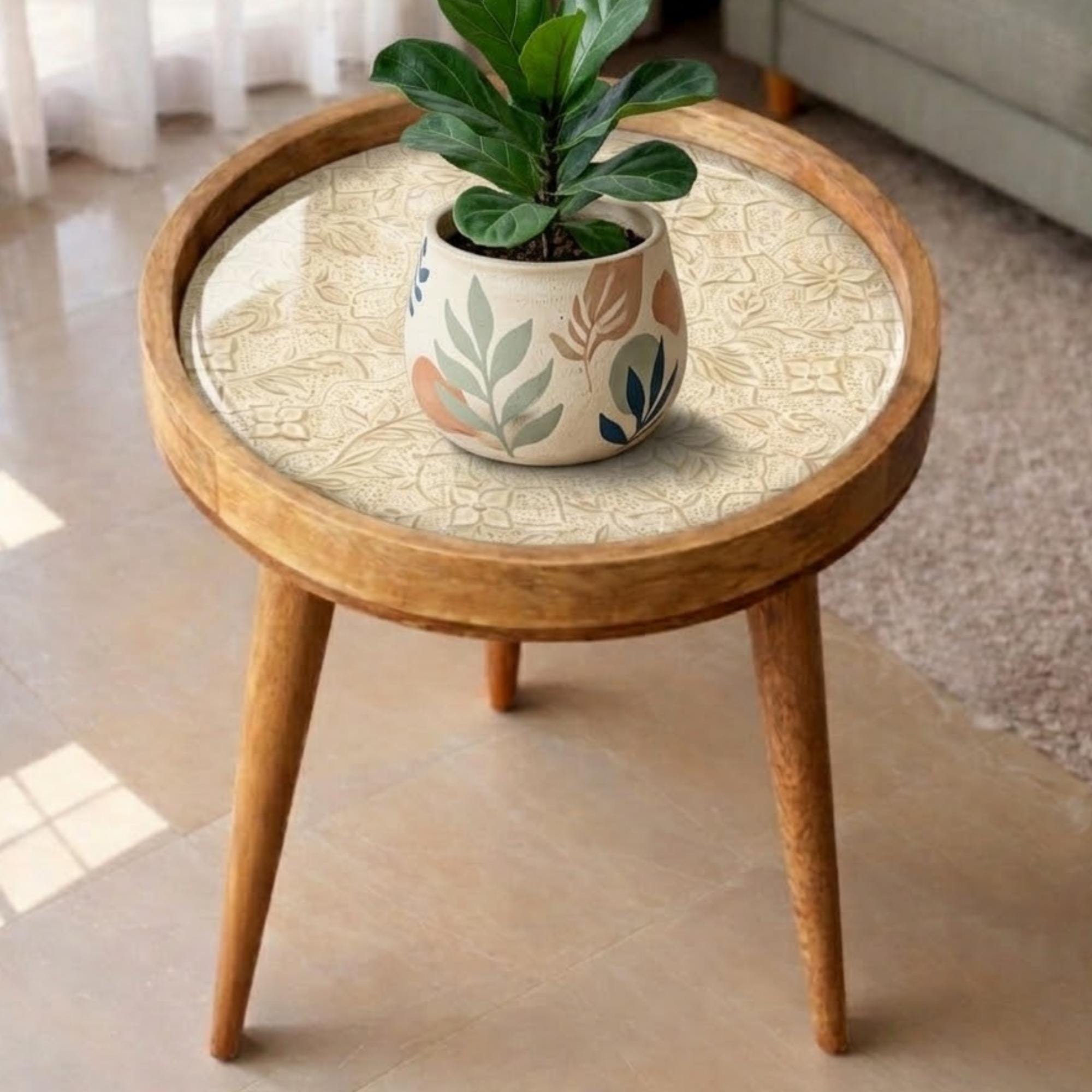 Neutral Floral Mango Wood End Table | Handmade Round Side Table | Elegant Accent Furniture