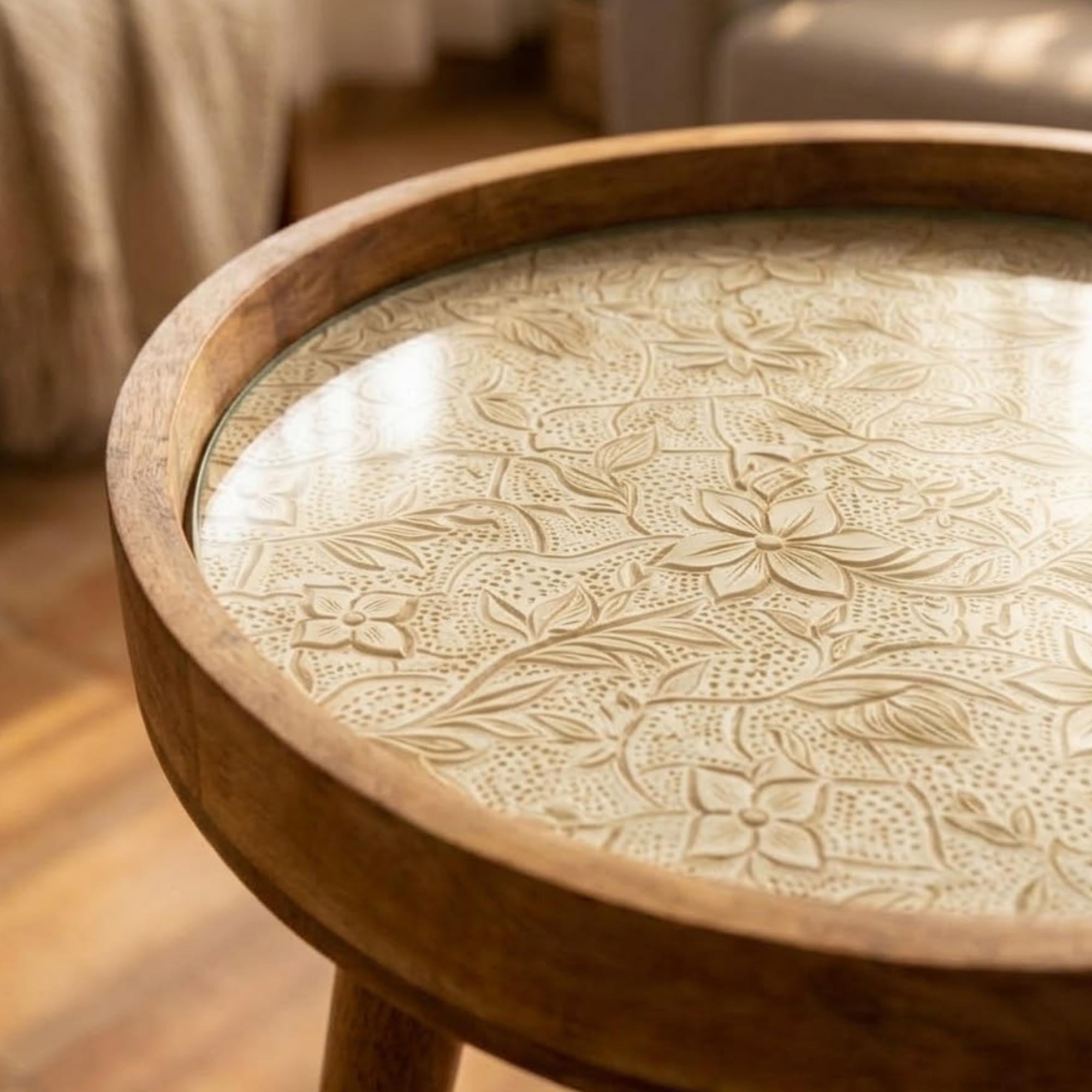 Neutral Floral Mango Wood End Table | Handmade Round Side Table | Elegant Accent Furniture