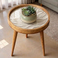 Handmade Mango Wood Round Side Table | Abstract Wave Print Accent Table