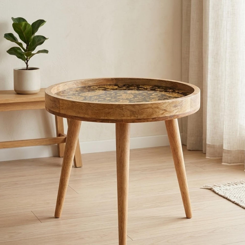 Handmade Mango Wood Side Table | Black Gold Floral Print Accent Table