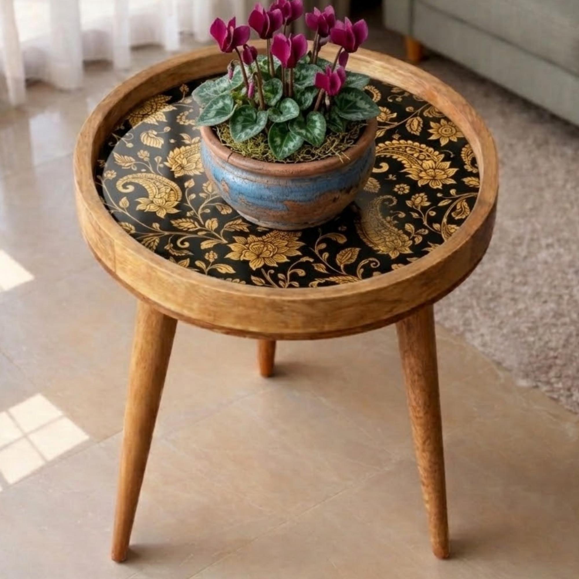 Handmade Mango Wood Side Table | Black Gold Floral Print Accent Table