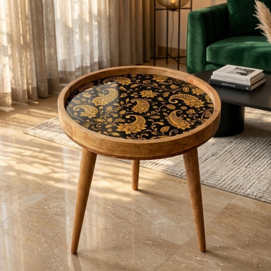 Handmade Mango Wood Side Table | Black Gold Floral Print Accent Table