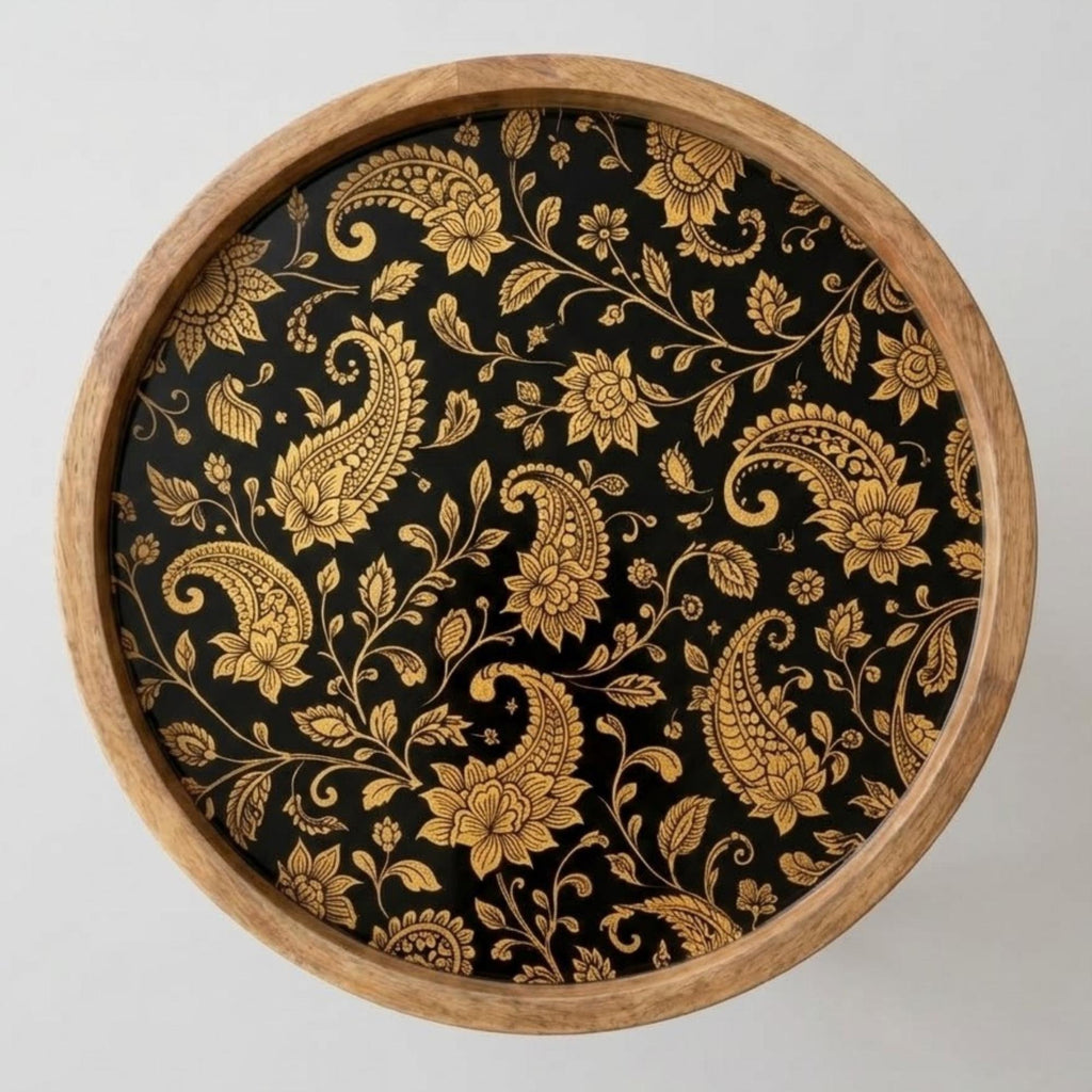 Handmade Mango Wood Side Table | Black Gold Floral Print Accent Table