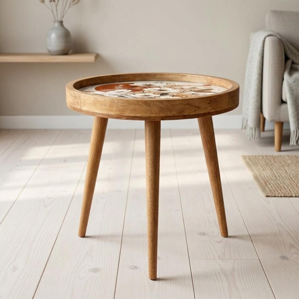 Handmade Mango Wood Side Table | Floral Printed Round Accent Boho Decor