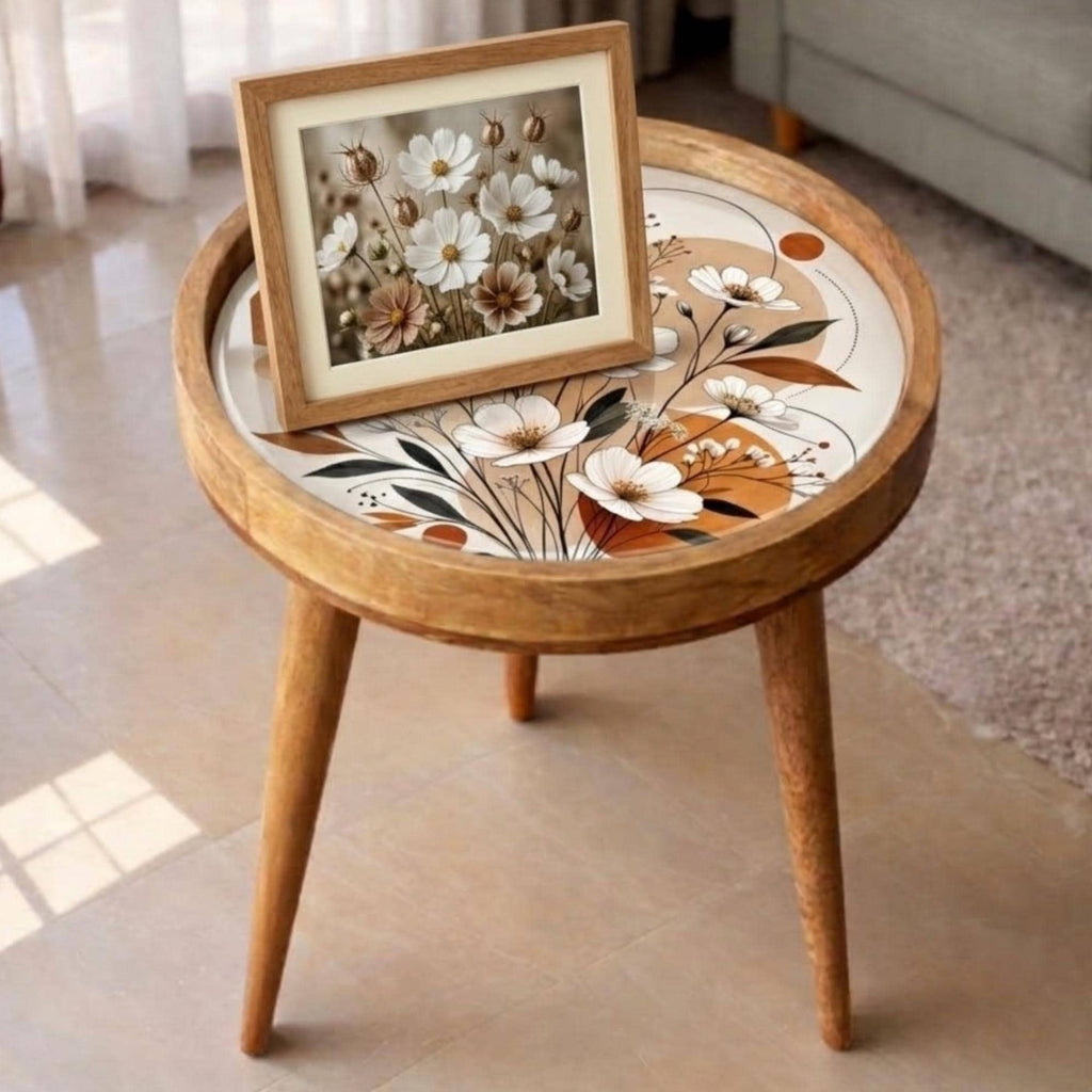 Handmade Mango Wood Side Table | Floral Printed Round Accent Boho Decor