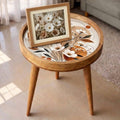 Handmade Mango Wood Side Table | Floral Printed Round Accent Boho Decor