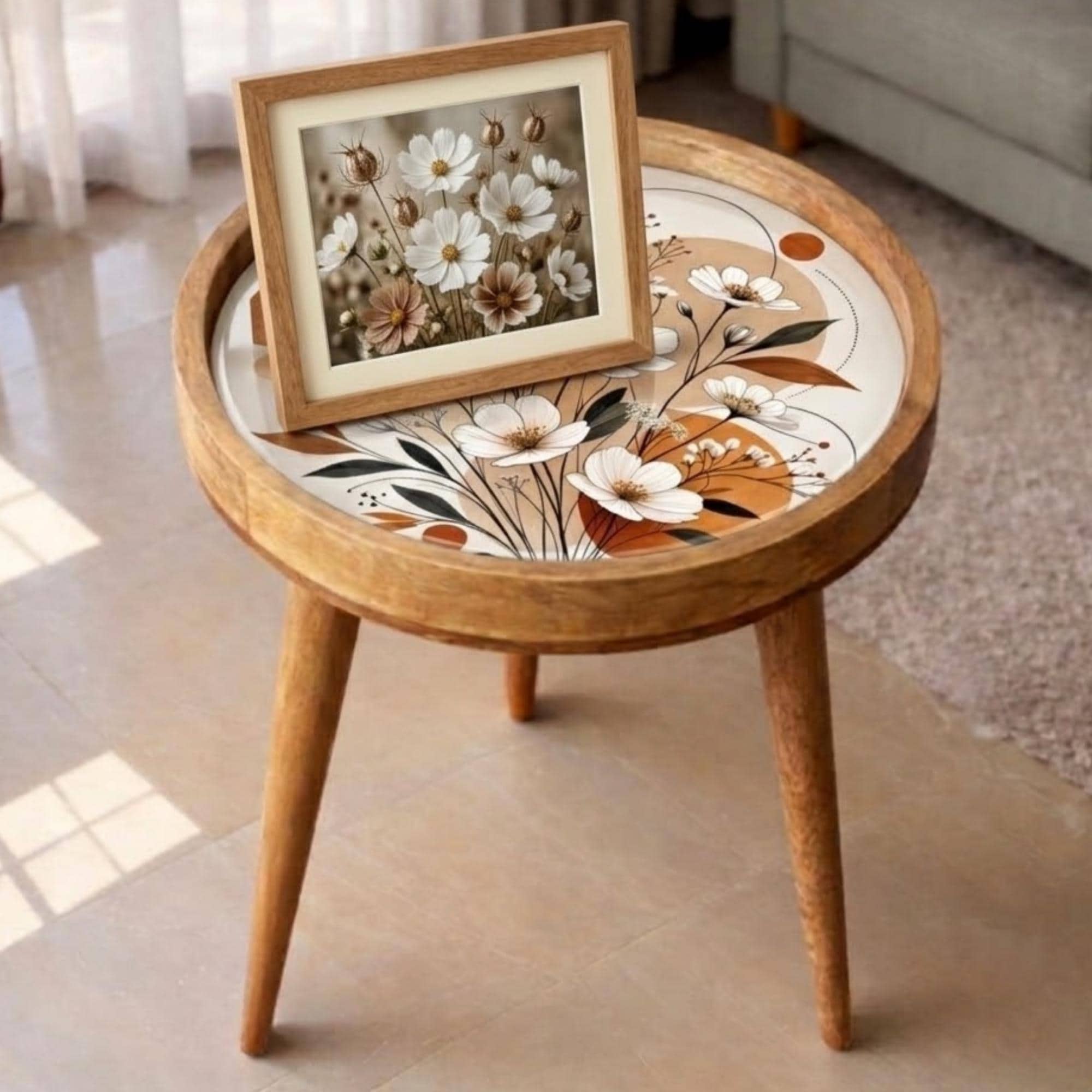 Handmade Mango Wood Side Table | Floral Printed Round Accent Boho Decor