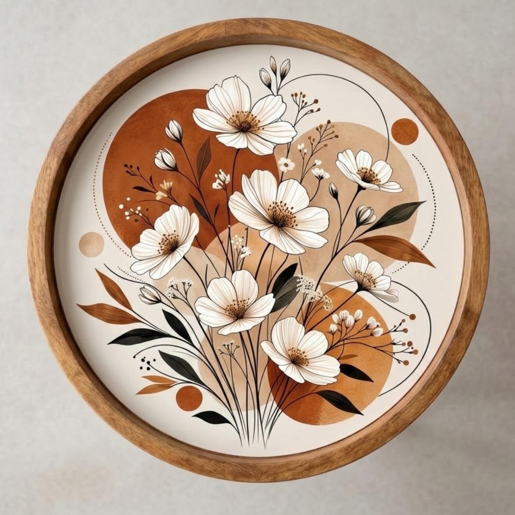 Handmade Mango Wood Side Table | Floral Printed Round Accent Boho Decor