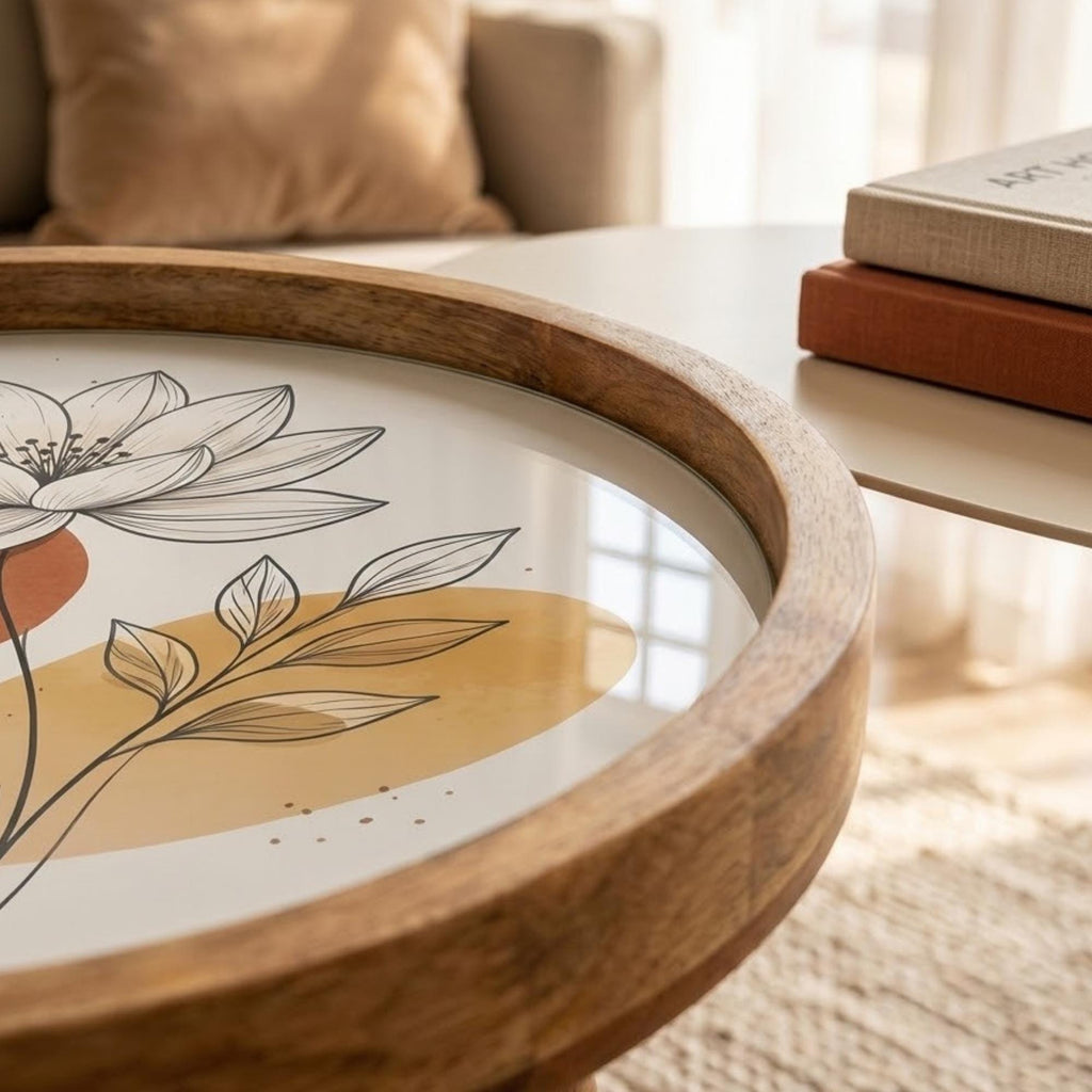 Handmade Mango Wood Side Table | Minimal Floral Print Round Accent Table