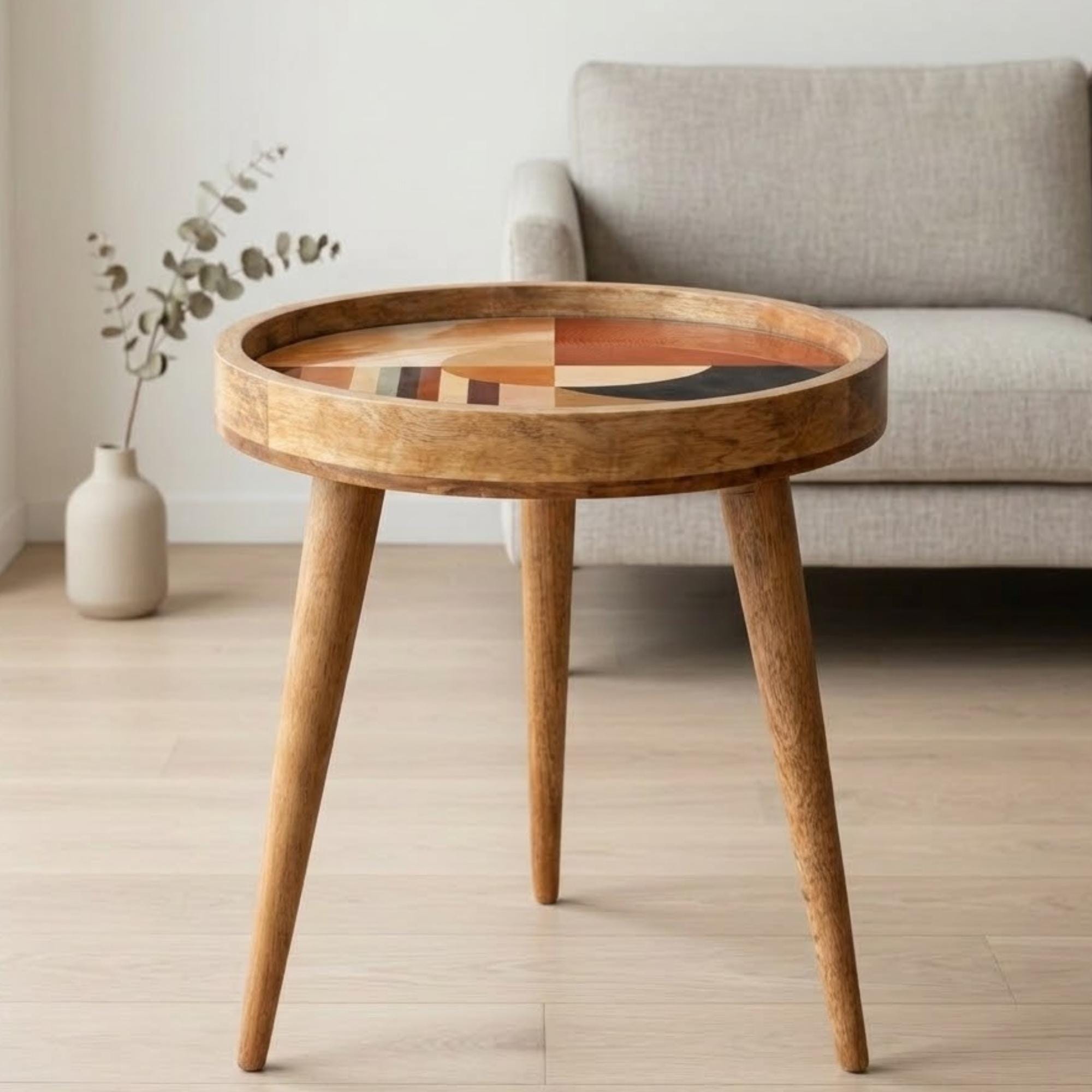 Handmade Mango Wood Side Table | Abstract Geometric Print, Round Accent Furniture