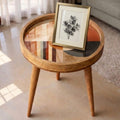 Handmade Mango Wood Side Table | Abstract Geometric Print, Round Accent Furniture