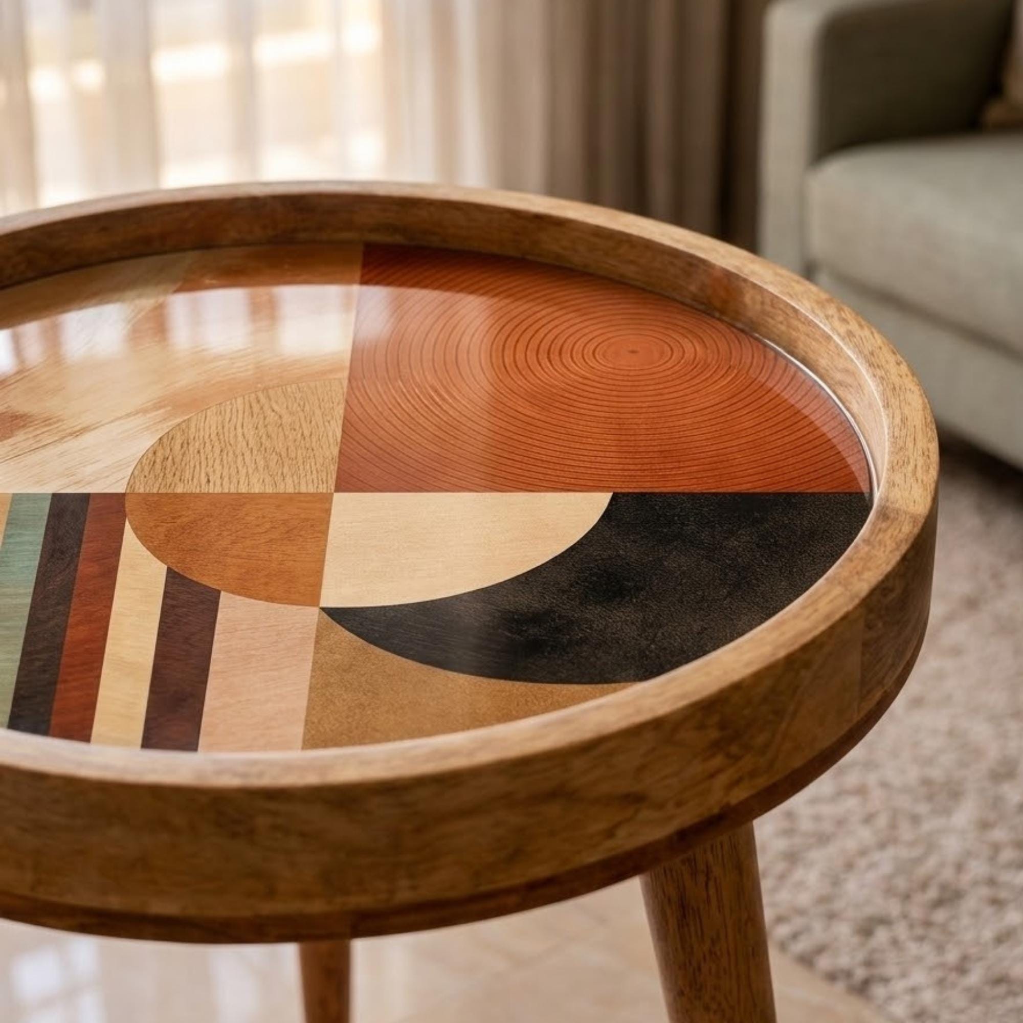 Handmade Mango Wood Side Table | Abstract Geometric Print, Round Accent Furniture