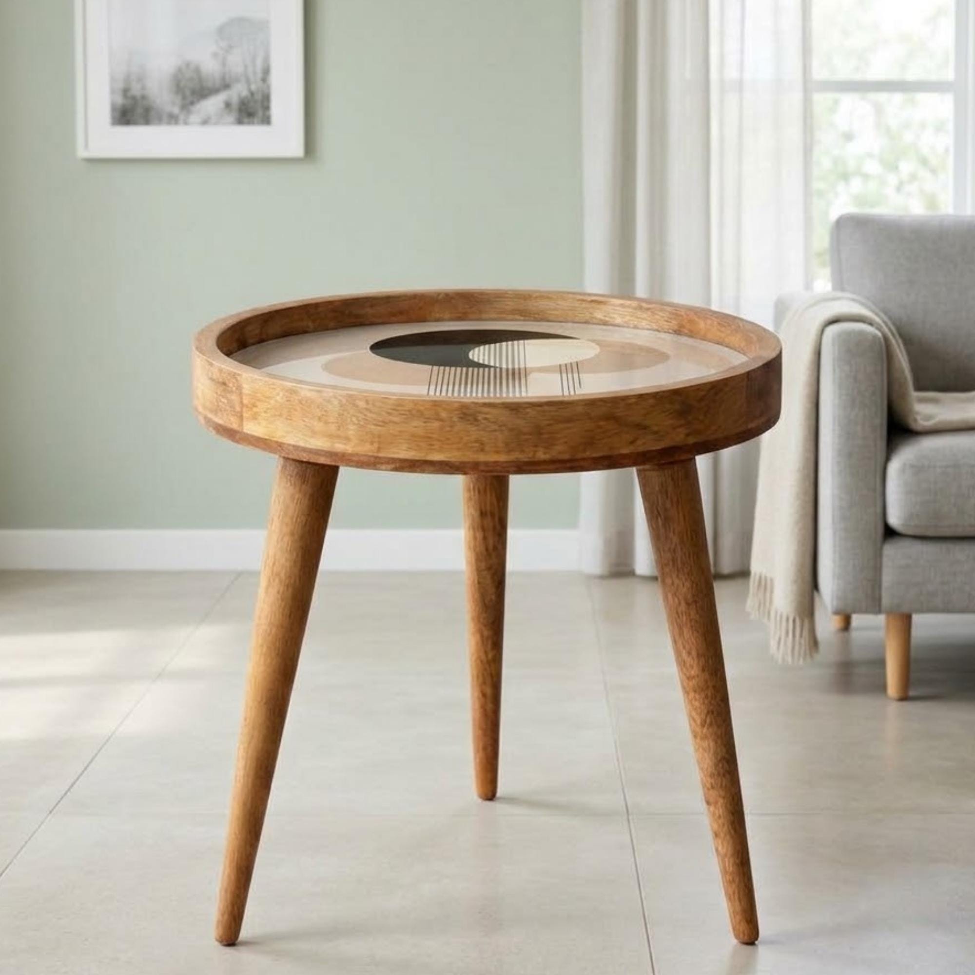 Handmade Mango Wood Side Table | Abstract Geometric Print, Modern Accent Furniture