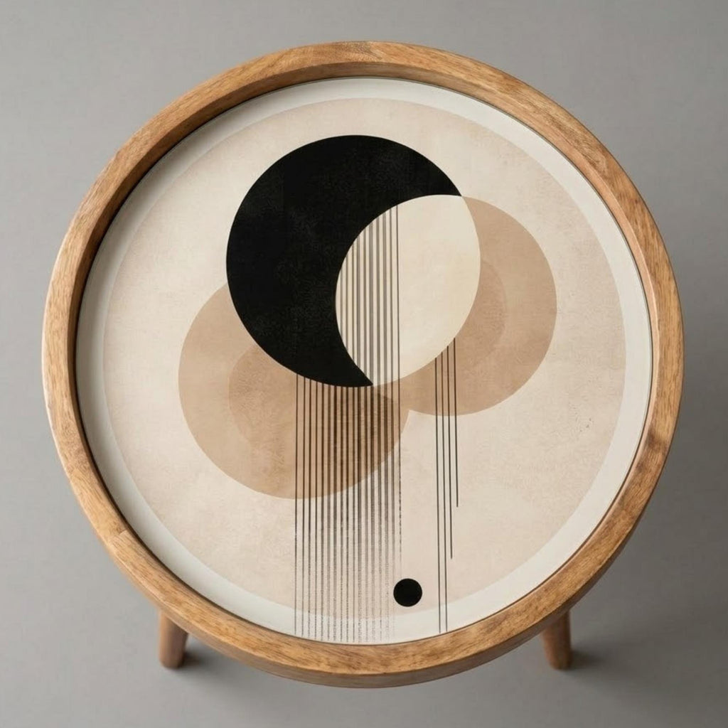 Handmade Mango Wood Side Table | Abstract Geometric Print, Modern Accent Furniture