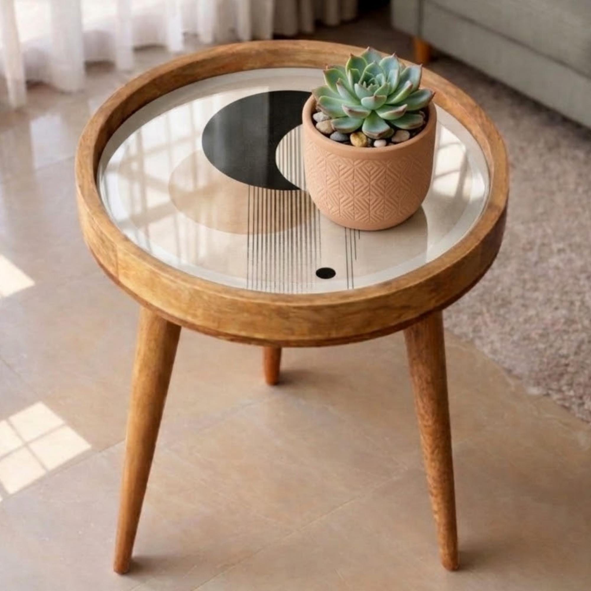 Handmade Mango Wood Side Table | Abstract Geometric Print, Modern Accent Furniture