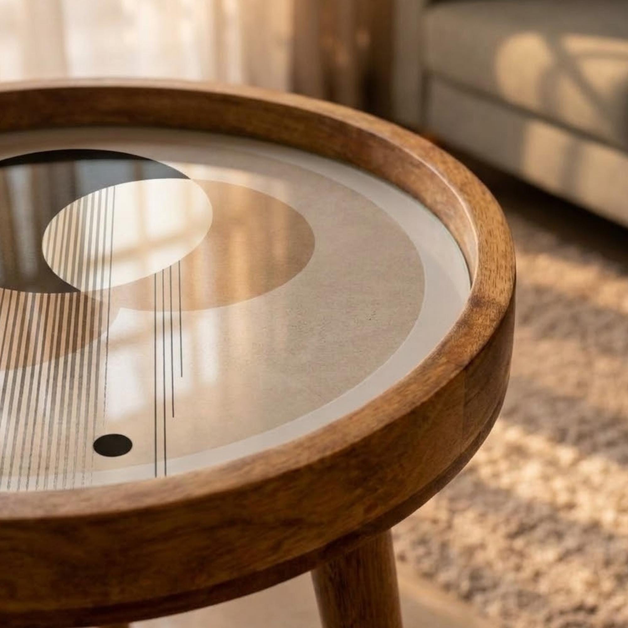 Handmade Mango Wood Side Table | Abstract Geometric Print, Modern Accent Furniture