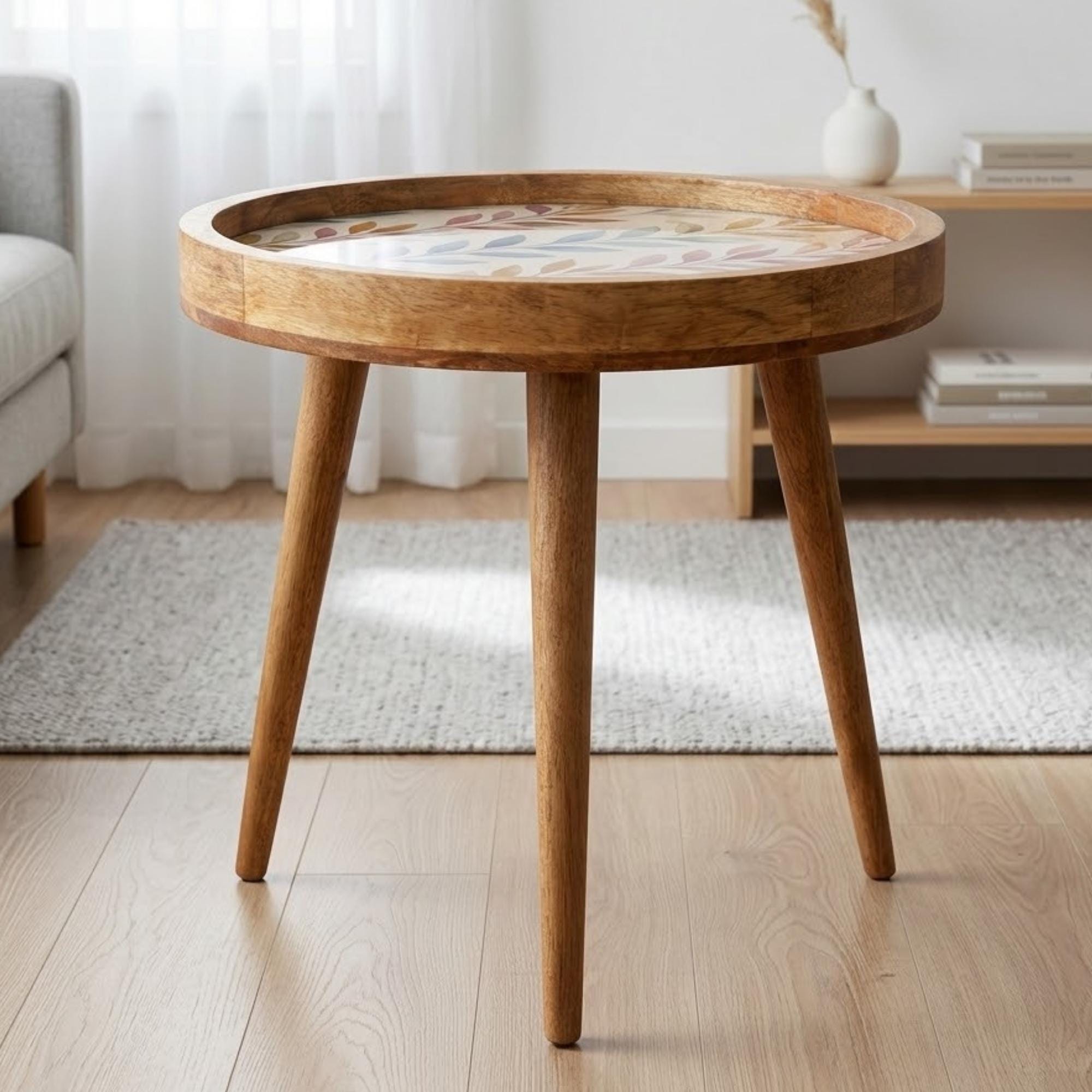 Handmade Mango Wood Side Table | Botanical Leaf Print Round Accent Boho Decor