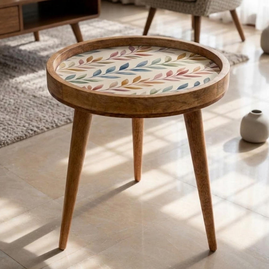 Handmade Mango Wood Side Table | Botanical Leaf Print Round Accent Boho Decor