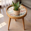 Handmade Mango Wood Side Table | Botanical Leaf Print Round Accent Boho Decor