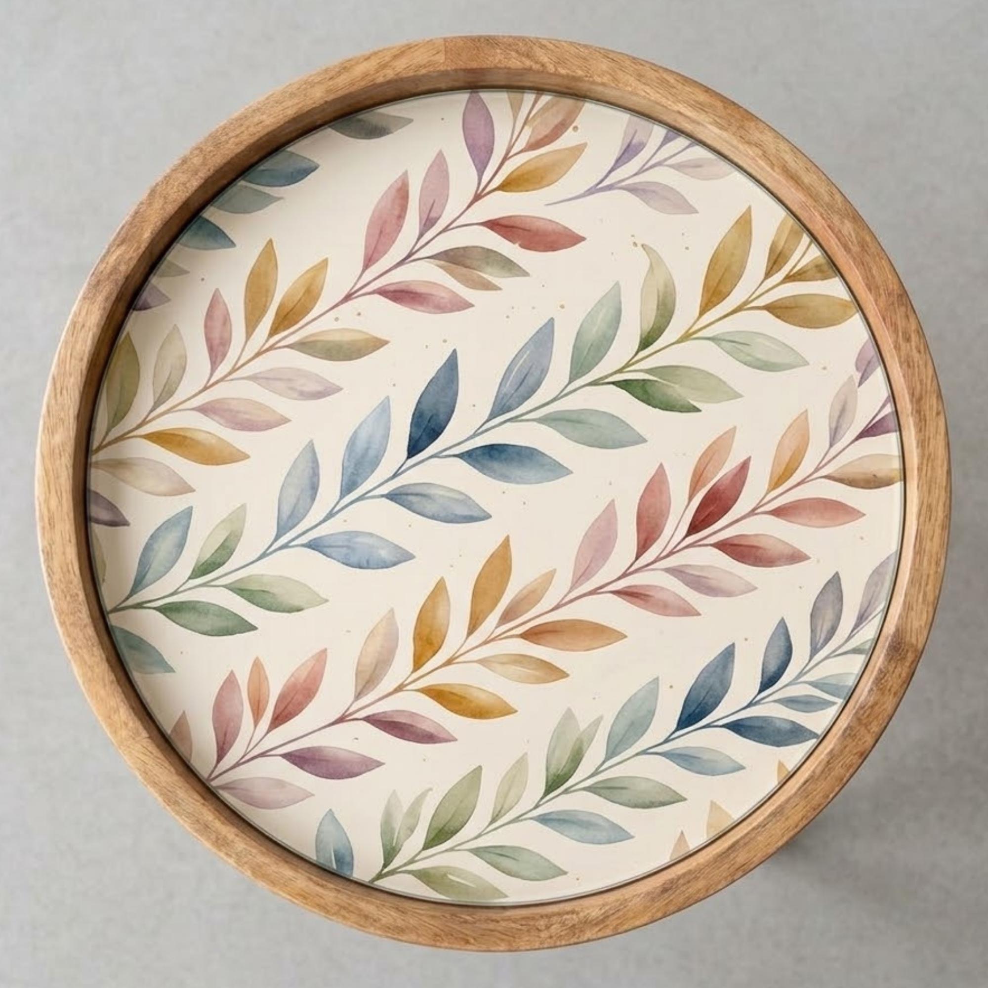 Handmade Mango Wood Side Table | Botanical Leaf Print Round Accent Boho Decor