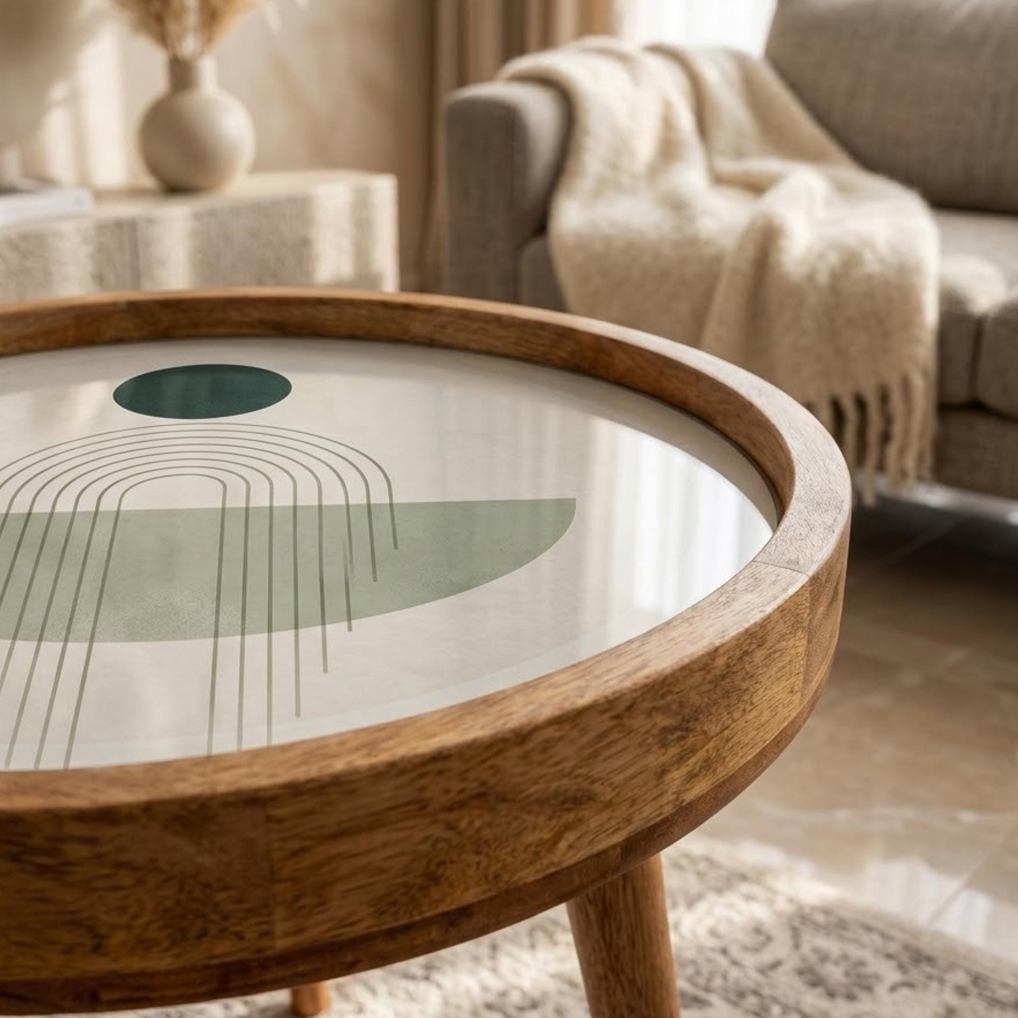 Handmade Mango Wood Side Table | Minimal Geometric Print Accent Table