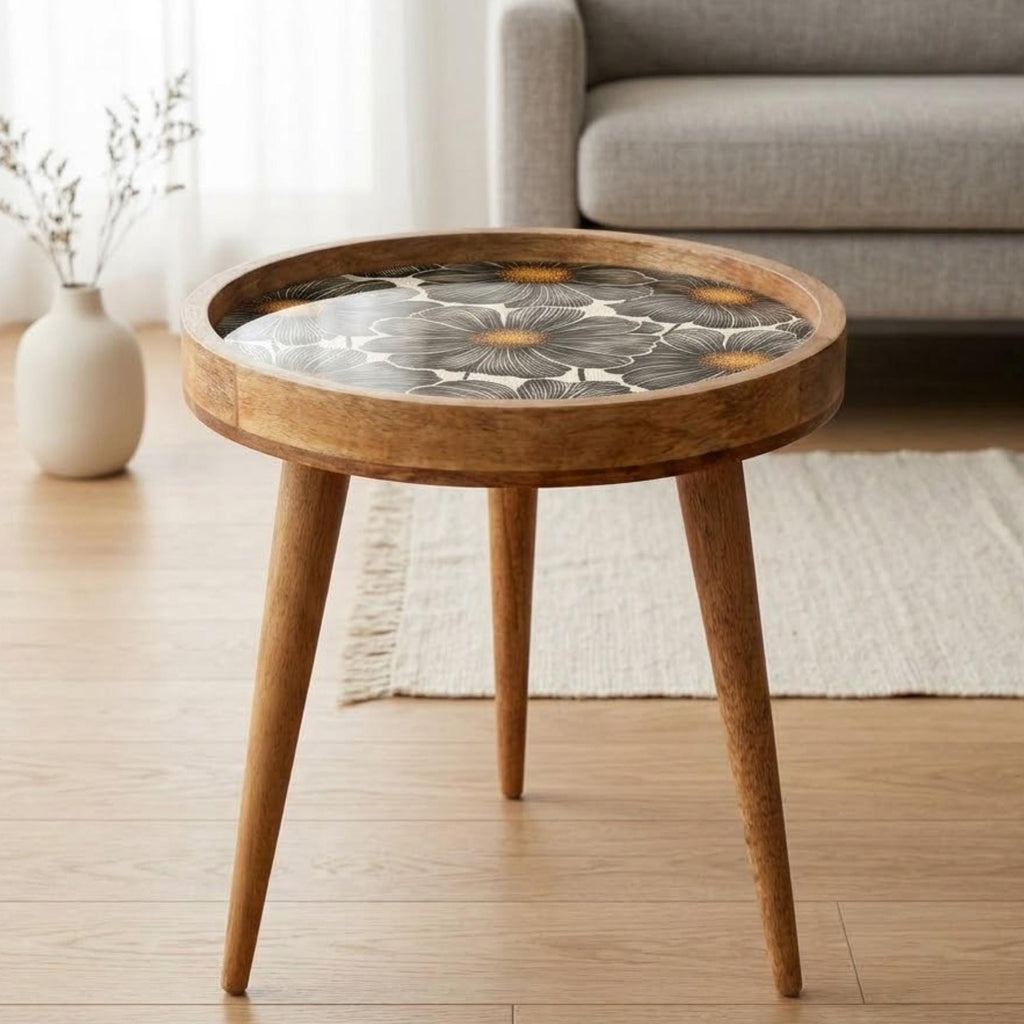 Handmade Mango Wood Side Table | Black Floral Print Accent Table