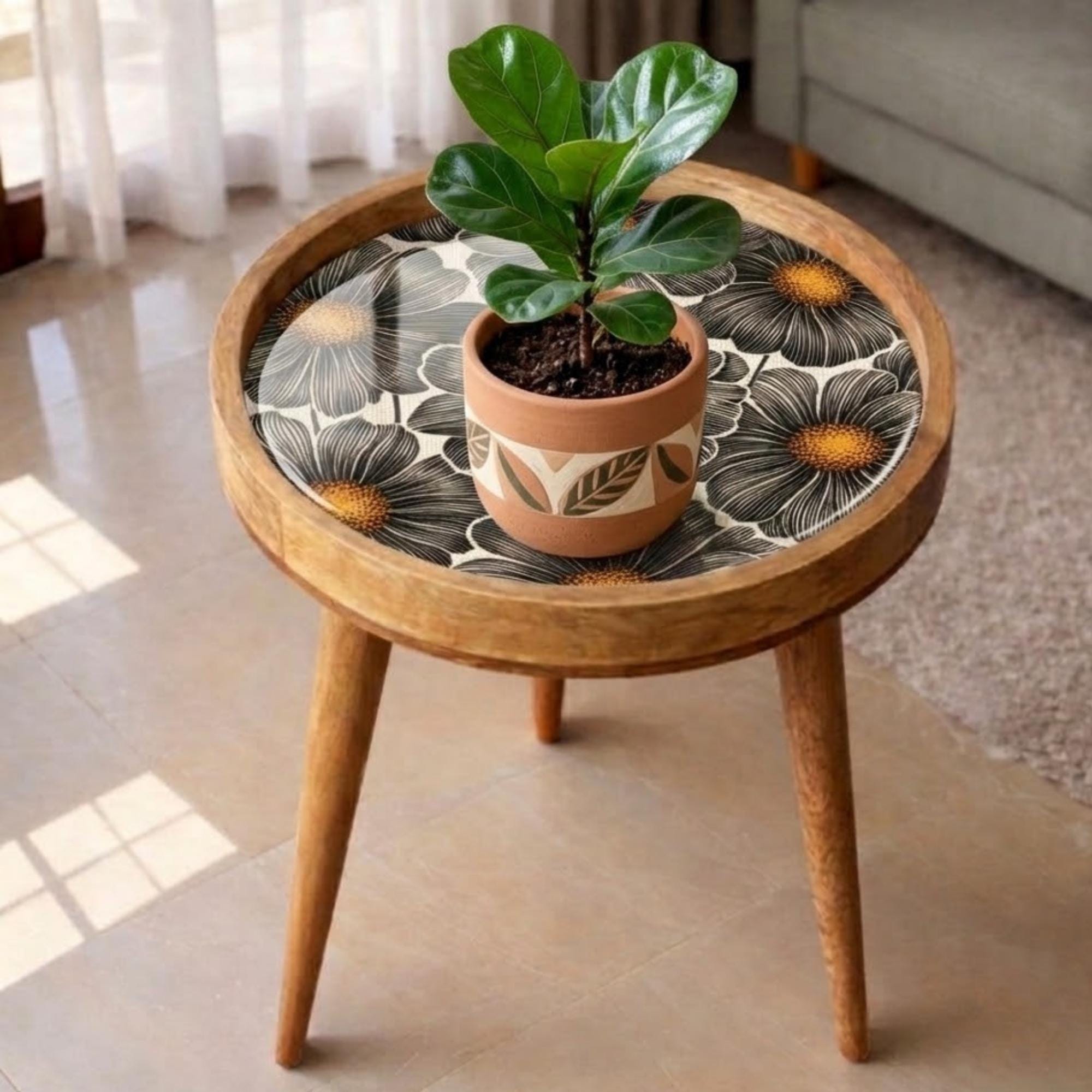 Handmade Mango Wood Side Table | Black Floral Print Accent Table