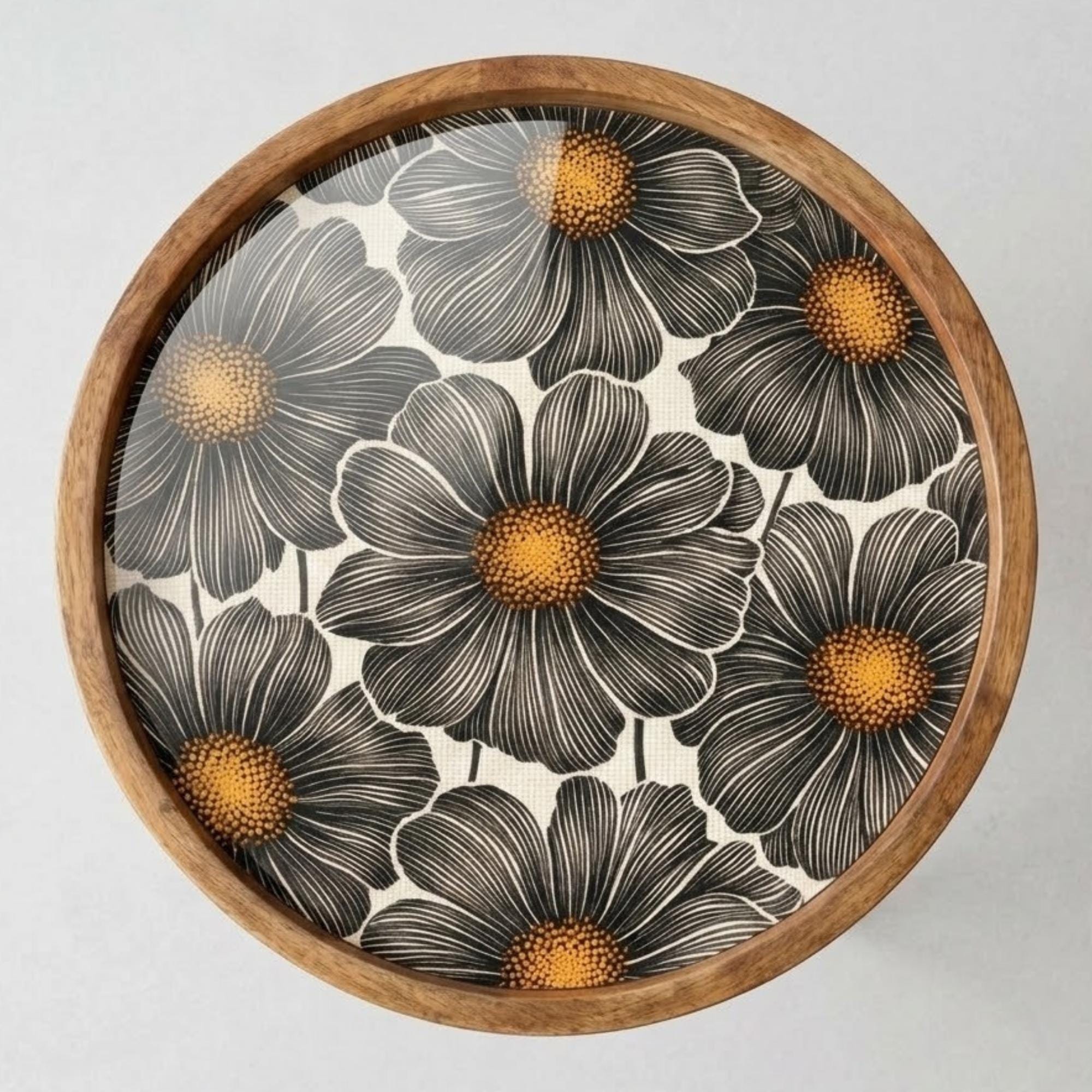 Handmade Mango Wood Side Table | Black Floral Print Accent Table