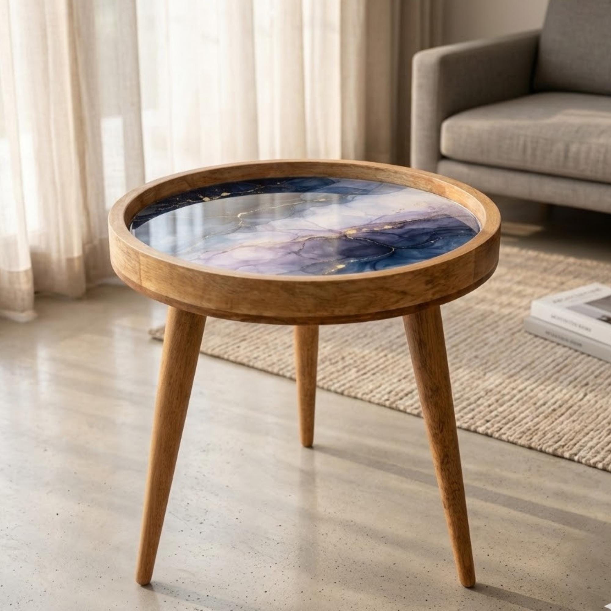 Handmade Mango Wood Side Table | Blue Marble Print Round Accent Table
