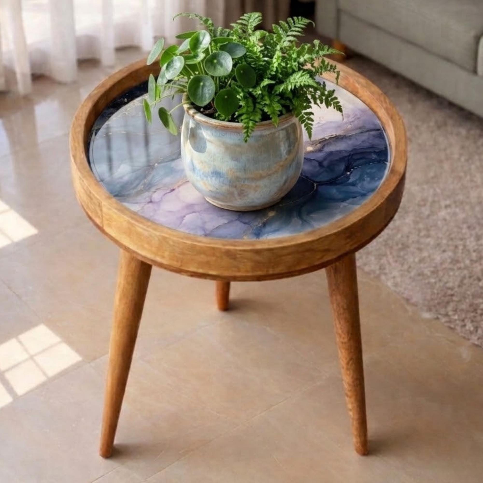 Handmade Mango Wood Side Table | Blue Marble Print Round Accent Table